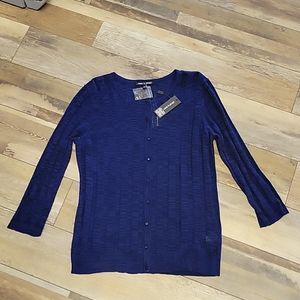 Cable and gauge, large, blue, and black cardigan